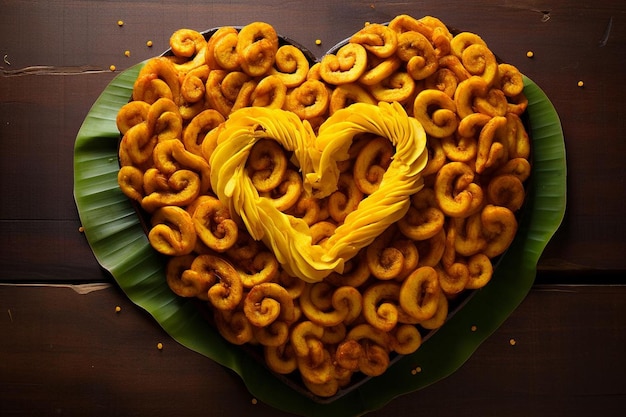 Foto jalebi in herzform auf bananenblatt