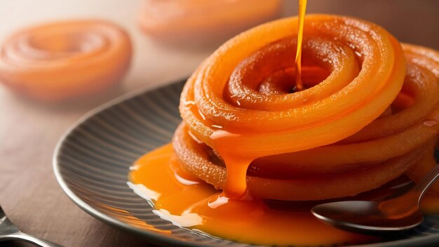 Foto jalebi o jilbi o imarati comida dulce india frita en ghee puro con enfoque selectivo