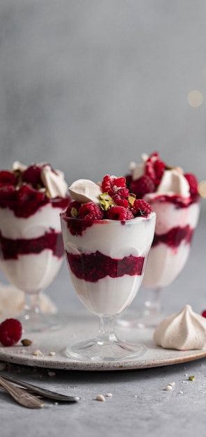 Jam de creme de meringue e sobremesa de frutas de framboesa