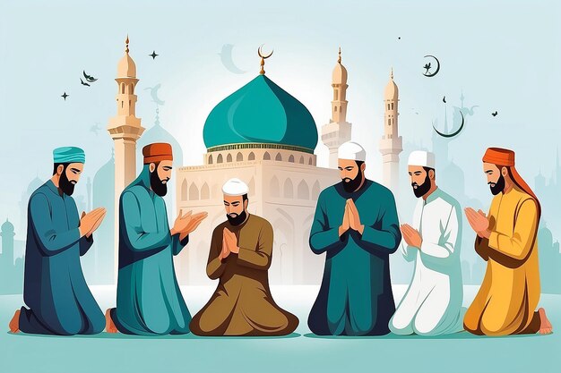 Foto jamaah o jamat concept grupo de musulmanes que ofrecen el icono vectorial de la oración del festival