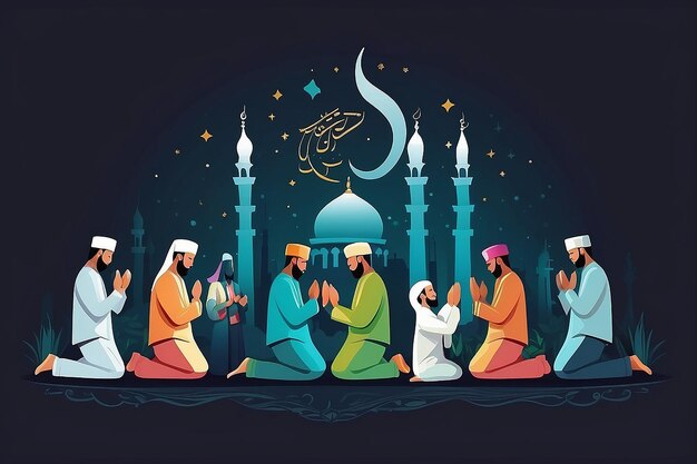 Foto jamaah o jamat concept grupo de musulmanes que ofrecen el icono vectorial de la oración del festival