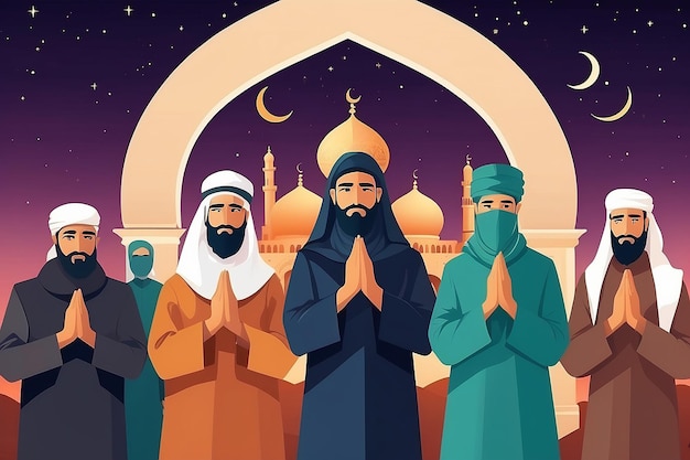 Foto jamaah o jamat concept grupo de musulmanes que ofrecen el icono vectorial de la oración del festival