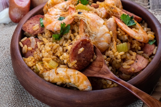 Jambalaya com camarão e salsichas em uma placa e fundo de madeira e uma colher de pau. Fechar-se. Foco seletivo. Comida caseira.