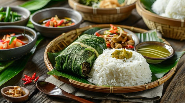 Jamblang Nasi Ein traditionelles Reisgericht aus Cirebon, das in duftendem Teakblatt eingewickelt ist.