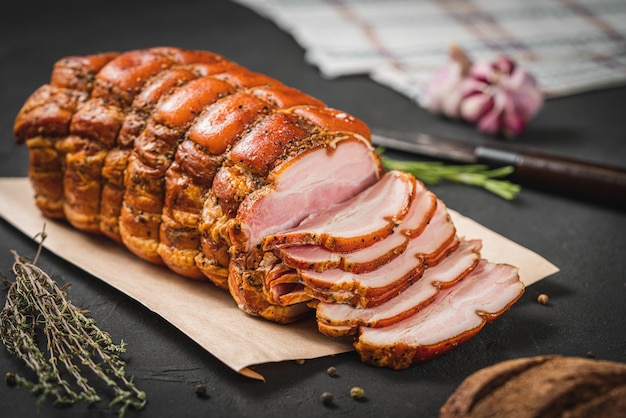 Jamón ahumado picante con romero y cuchillo de cocina sobre una mesa de piedra negra Rollo de cerdo