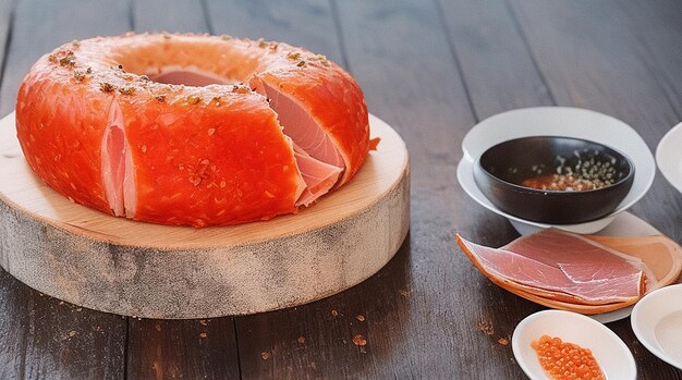 Jamón al horno y caviar rojo servidos en una mesa de madera antigua