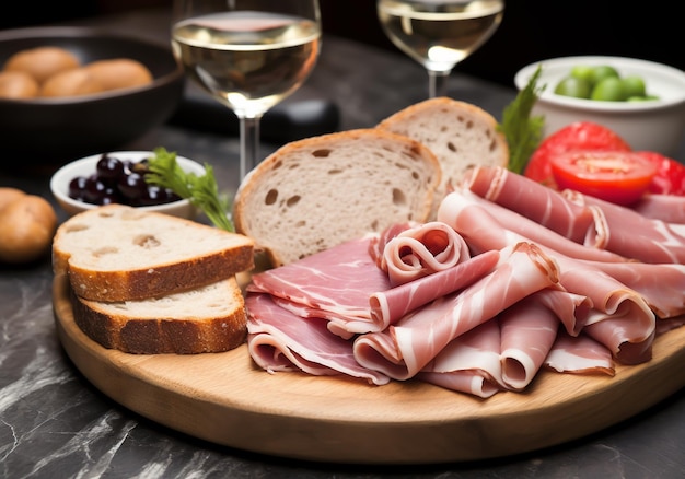 Foto jamón en rodajas con ensalada y aceitunas para bocadillos o comidas generadas por la ia