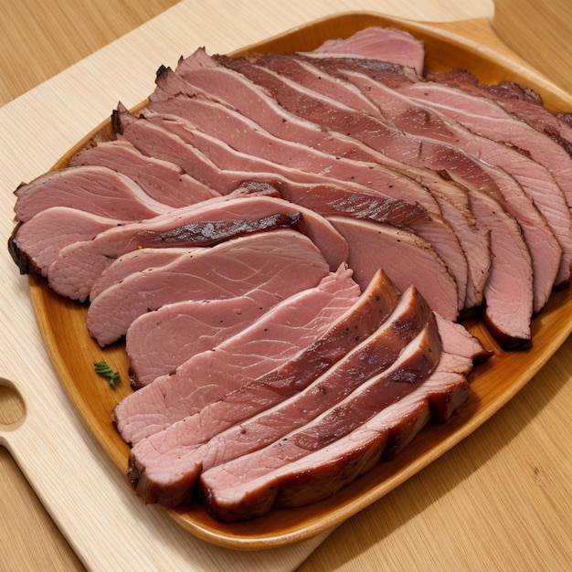 Foto jamón en rodajas en una tabla de cortar de madera