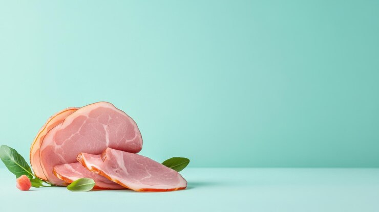Jamón en rodajas con textura rosa tierna y marmellado sutil