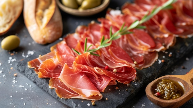 Jamonico Iberico Fatias finas de presunto ibérico premium uma iguaria curada muitas vezes apreciada com pão crocante