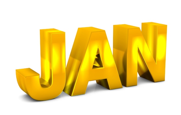 Jan Gold 3D Text Abreviatura del mes de enero aislado sobre fondo blanco. Render 3D.