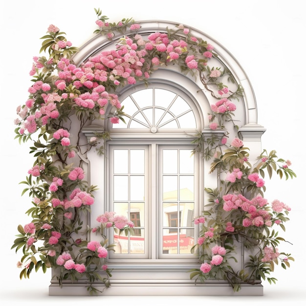 janela arafada com flores cor de rosa e vinhas em uma parede branca ai generativa