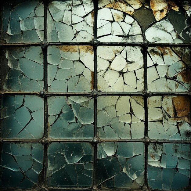 janela arrafada com um vidro rachado e um céu ao fundo