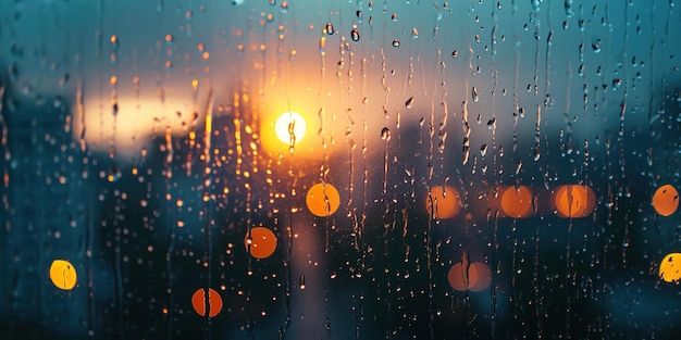 Janela chuvosa com luzes confusas da cidade ao fundo Bokeh fora de foco clima sombrio melancólico