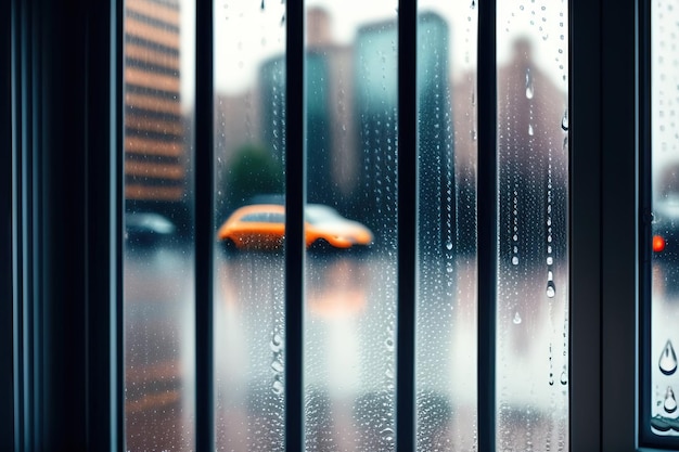 Janela com gotas de chuva e uma rua da cidade