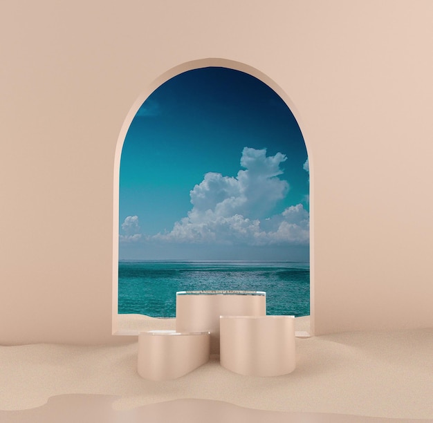 Janela de arco bege com vista para o mar e pedestal de pódio redondo renderização em 3d