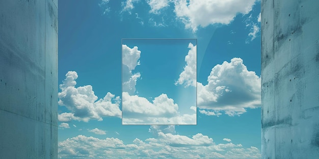 Janela de espelho refletindo o céu e as nuvens