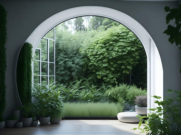 Janela de jardim minimalista com ambiente aconchegante e texturas naturais