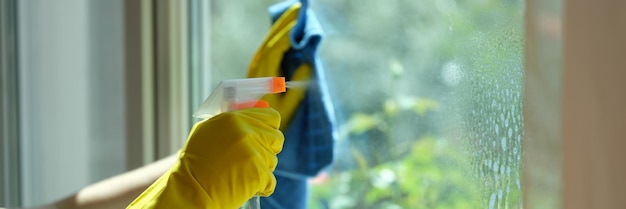 Janela de lavagem mais limpa com detergente e panos no conceito de limpeza de casa e escritório