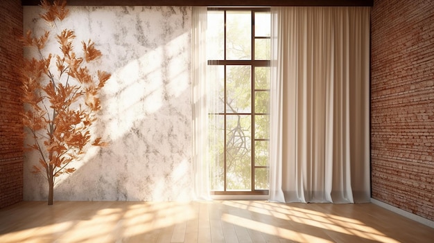 Janela de madeira de cortina transparente branca soprada com banquinho Generative AI