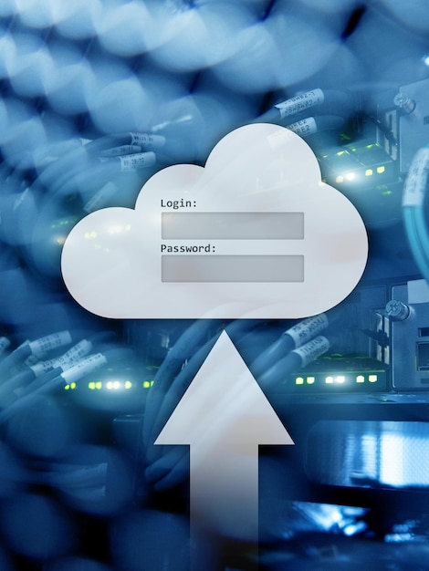 Janela de solicitação de login e senha de acesso a dados de armazenamento em nuvem no fundo da sala do servidor Conceito de Internet e tecnologia