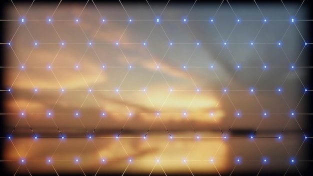 Janela de vidro de matriz rômbica com fundo de mar e céu crepuscular na hora do pôr do sol (renderização em 3D)