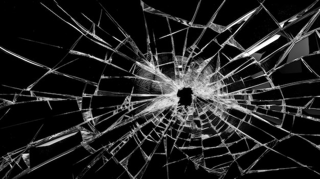 Foto janela de vidro quebrada com um tiro penetrante como buraco no centro em fundo preto