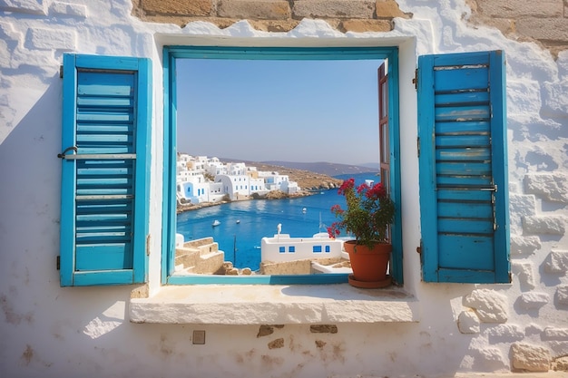 Janela grega Mykonos verão mediterrâneo