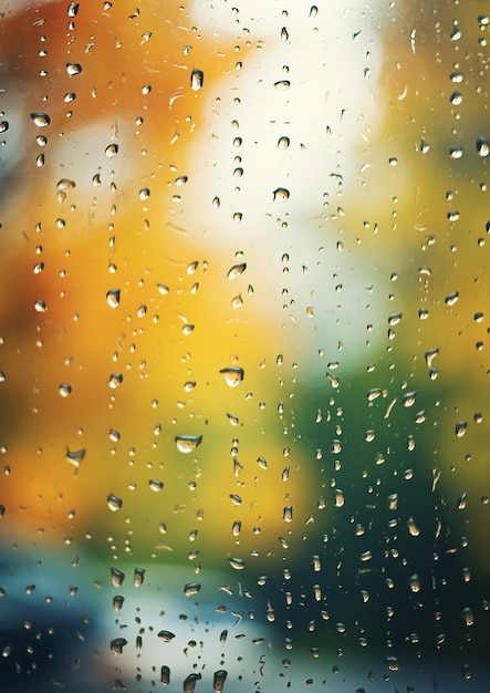 Janela molhada com chuva e pingos de chuva uma paisagem vazia atrás dela sol de outono