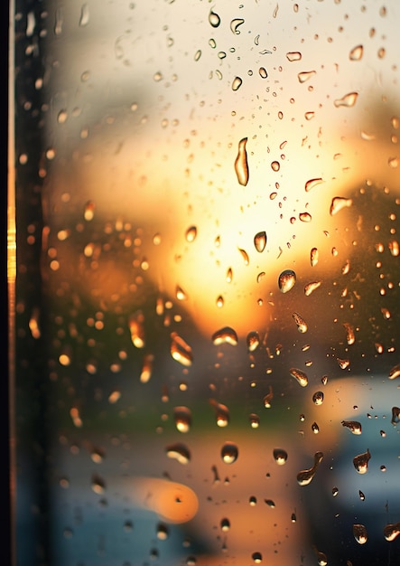 Janela molhada com chuva e pingos de chuva uma paisagem vazia atrás dela sol de outono