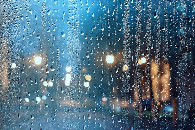 janela molhada luzes da cidade gotas de chuva, fundo abstrato outono inverno brilho vidro