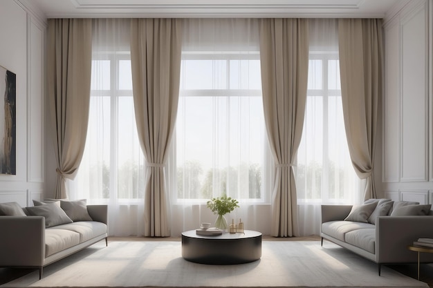 Janelas com cortinas elegantes no interior da sala de estar