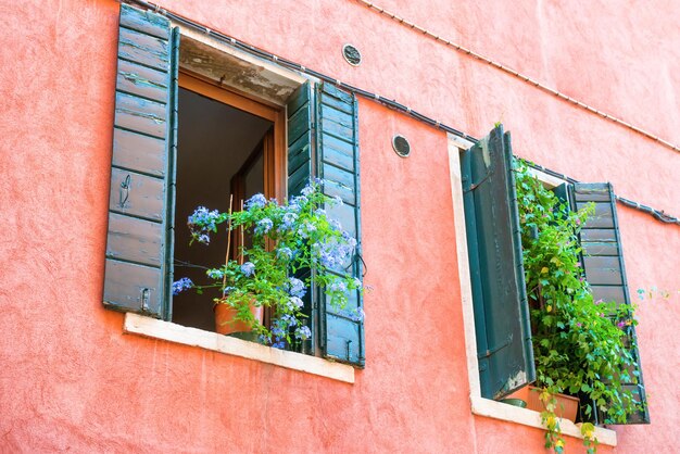 Janelas com flores em casa antiga em veneza