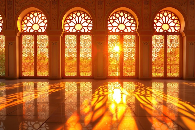 janelas da arquitetura da mesquita a sala é iluminada pela luz do sol brilhante vindo