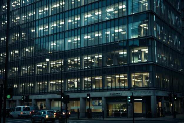 Janelas de edifícios de escritórios modernos iluminadas à noite noite cedo de manhã longas horas de trabalho exaustão