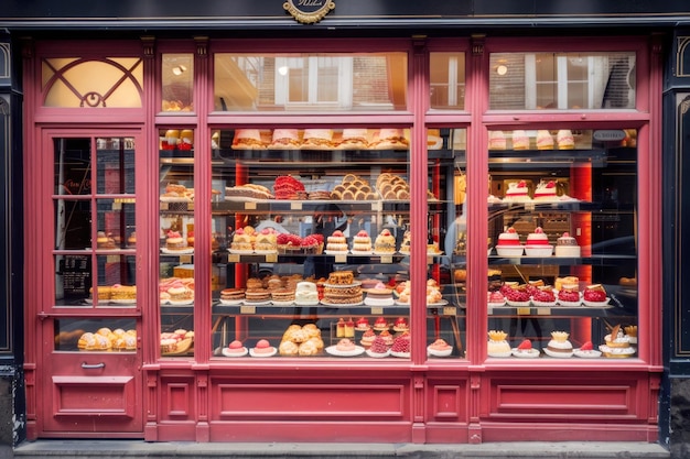 Foto janelas de fachada de uma padaria exibindo guloseimas deliciosas