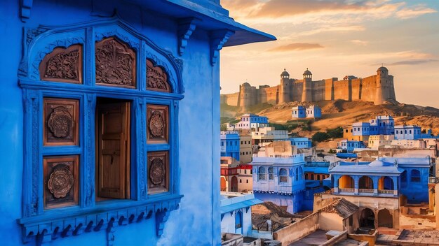 Foto janelas esculpidas em madeira na cidade azul de jodhpur