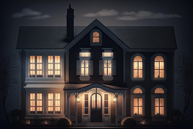 Janelas iluminadas do interior da casa no exterior dos subúrbios de uma casa clássica à noite