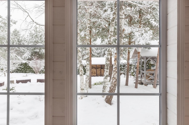 Janelas isoladas de vinil doméstico com vista de inverno de árvores e plantas nevadas