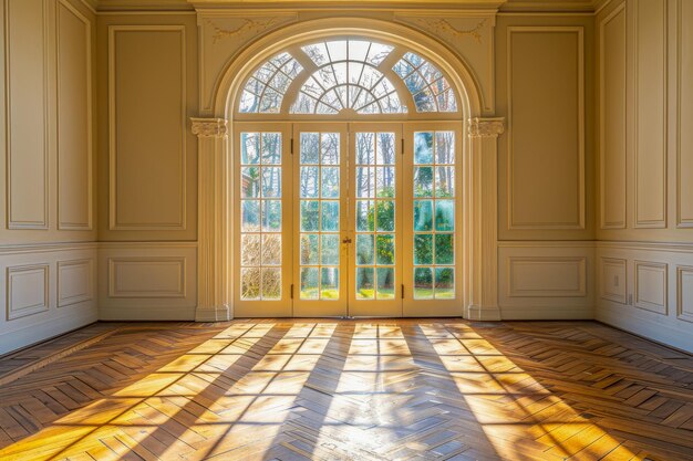 Foto janelas majestosas lançavam sombras intrincadas no chão de parquet de espinha de peixe de um grande quarto iluminado pelo sol