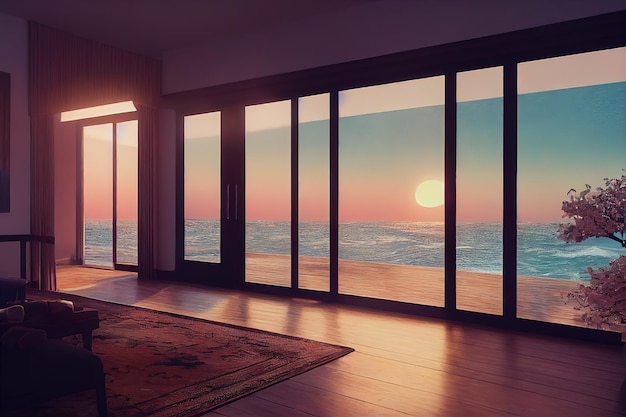 Janelas panorâmicas do salão com vista para a praia do mar ao pôr do sol ilustração 3d