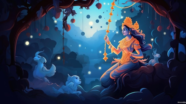 Janmashtami-Tag Mahabharata Lord Krishna Ein hinduistischer Gott In der indischen Mythologie Blauer Hintergrund Generative KI