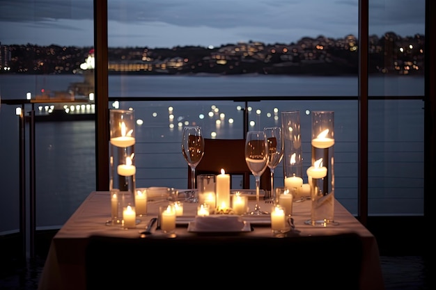 Jantar à luz de velas para dois com vista para água com gás