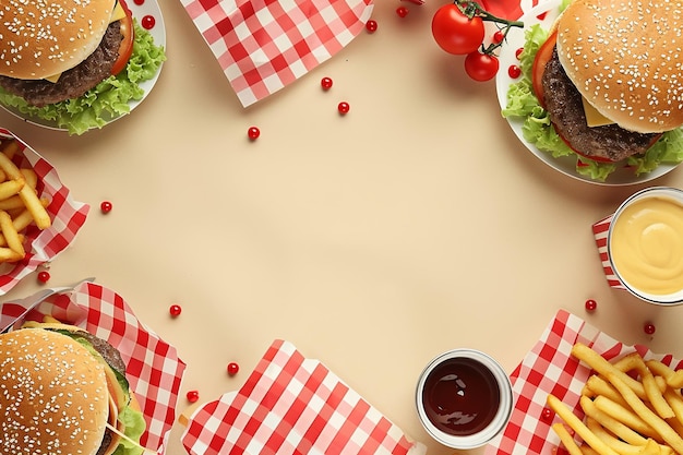 Foto jantar americano clássico com cheeseburgers e batatas fritas