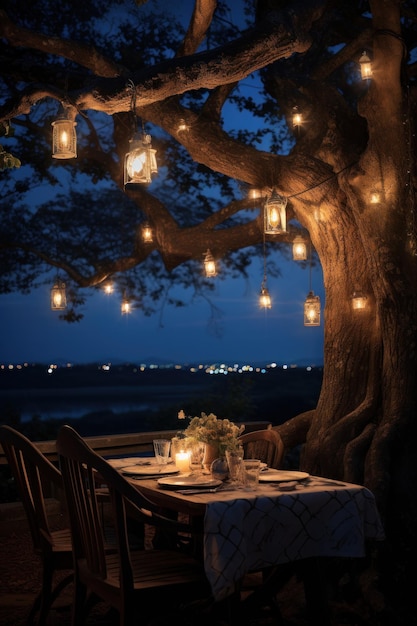 Foto jantar ao ar livre sob um céu estrelado