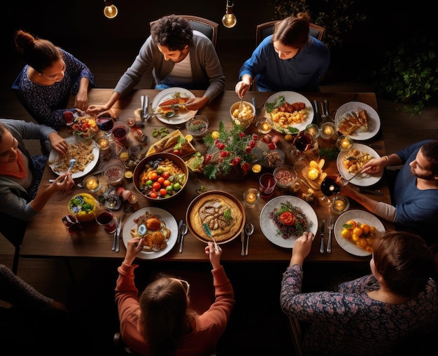 jantar com amigos em uma mesa grande com muita comida