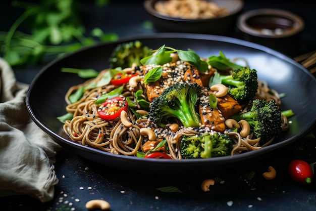 Jantar com macarrão de caju brócolis Soba receita comida