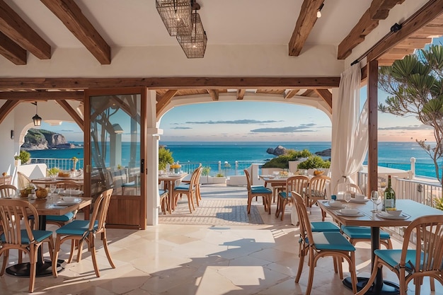 Jantar costeiro mediterrâneo com vista para o mar, elegância caiada e serenidade do pôr do sol