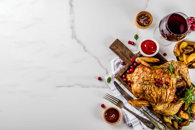 Jantar de ação de graças, frango assado assado com cranberry e ervas, servido com legumes fritos, vinho de frutas frescas e molhos na mesa de mármore branca, vista superior