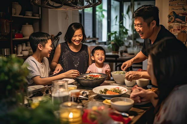 Jantar de família capturado em um momento de fotografia sincera o calor da sala e a alegria em cada membro da família39s rosto criando uma cena nostálgica e reconfortante